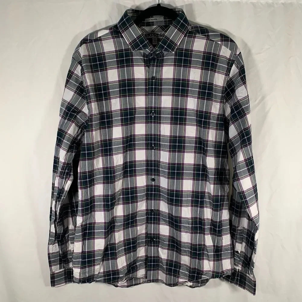 Express Shirt Men's Large Green Purple Plaid Button Down Long Sleeve Collared